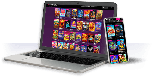 Un ordenador y un móvil con la oferta de juegos de GoldenPark