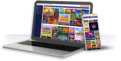 Un ordenador y un móvil con la oferta de juegos de GratoGana.