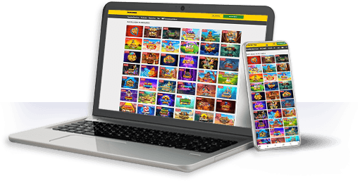 Un ordenador y un móvil con la oferta de juegos de Interwetten.