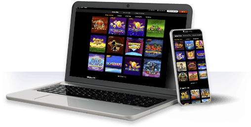 Un ordenador y un móvil con la oferta de juegos de Lord Ping.