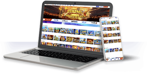 Un ordenador y un móvil con la oferta de juegos de Lowen Play