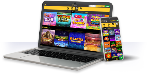 Un ordenador y un móvil con la oferta de juegos de Mega Casino.