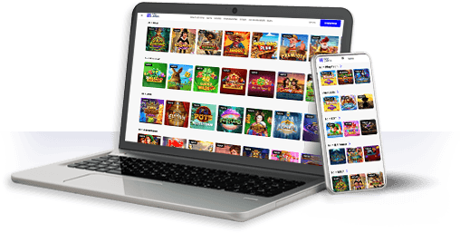 Un ordenador y un móvil con la oferta de juegos de OnePlay Casino.
