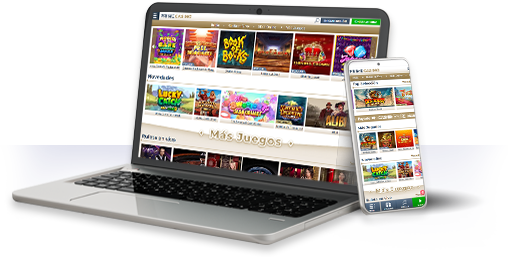 Un ordenador y un móvil con la oferta de juegos de Prime Casino.