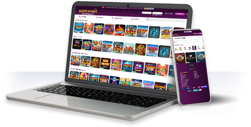 Un ordenador y un móvil con la oferta de juegos de SlotsMagic.