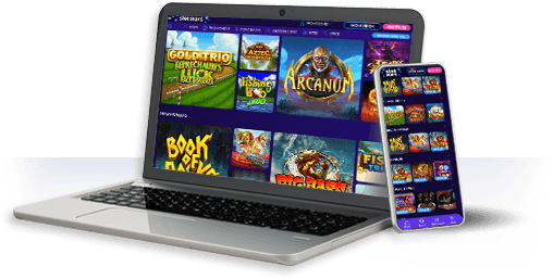 Un ordenador y un móvil con la oferta de juegos de SlotStars.