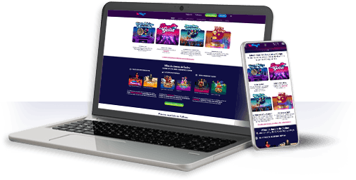 Un ordenador y un móvil con la oferta de juegos de YoBingo.