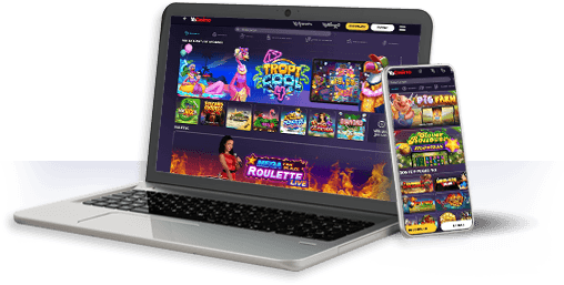 Un ordenador y un móvil con la oferta de Yocasino