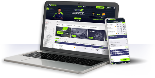 Un ordenador y un móvil con la oferta de juegos de YoSports.