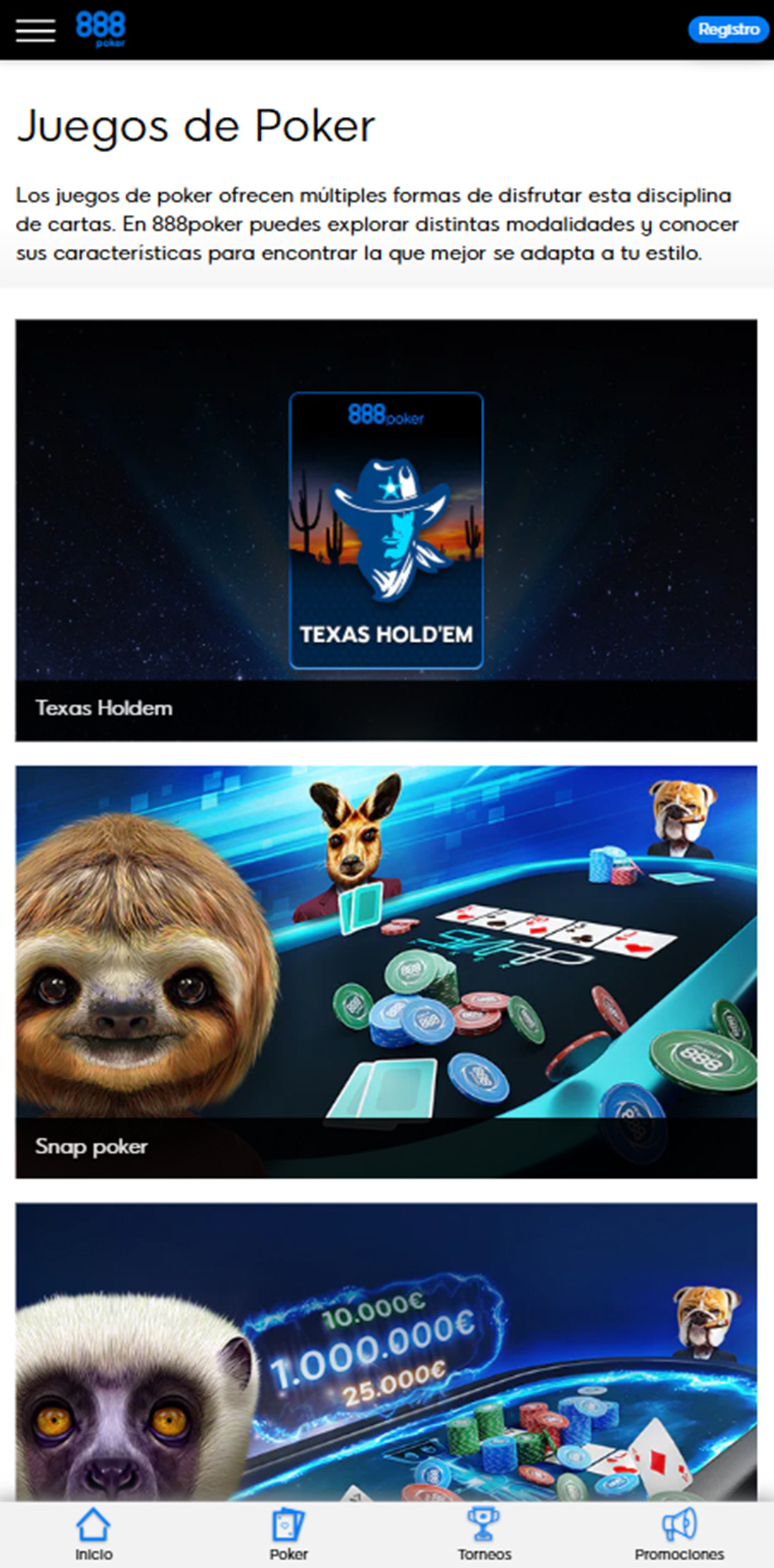 Sección de juegos de poker en 888poker.