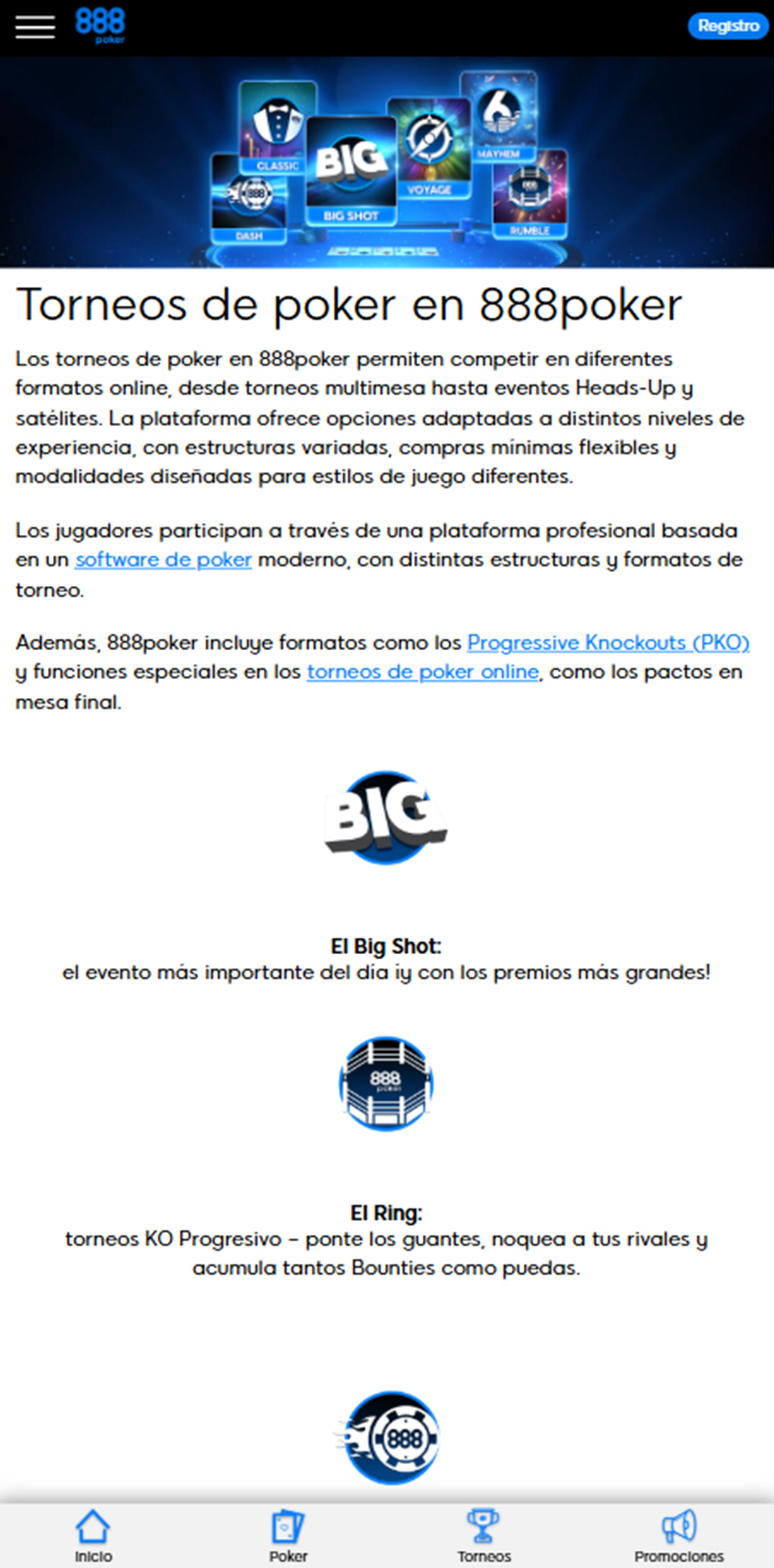 Sección de torneos en vivo en 888poker.