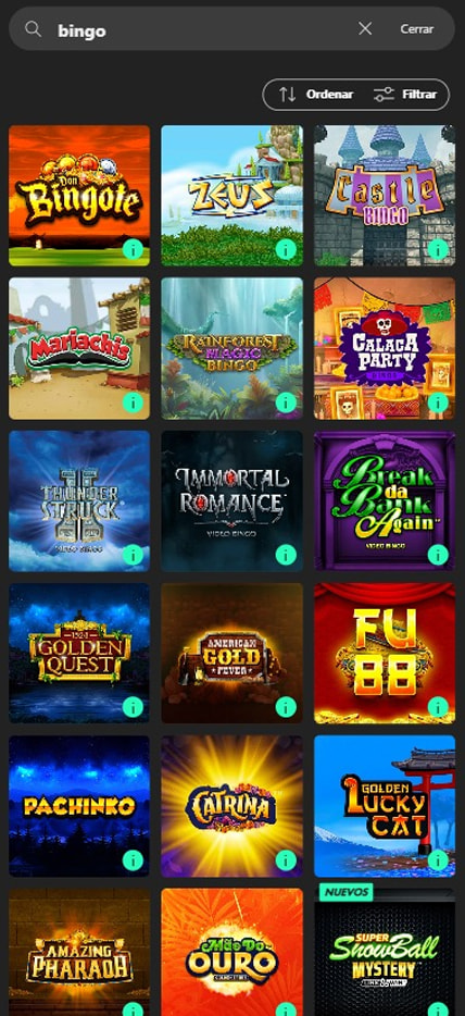 Página de la sección de bingo de bet365.