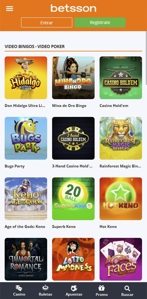 Sección de bingo online en el casino Betsson.