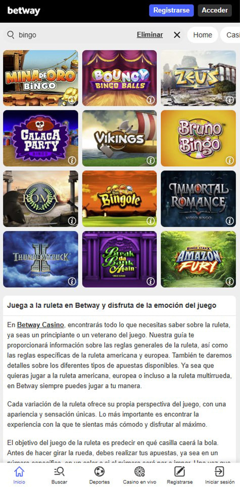 Sección de bingo online en el casino Betway.