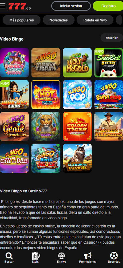 Sección de bingo online en el Casino777.