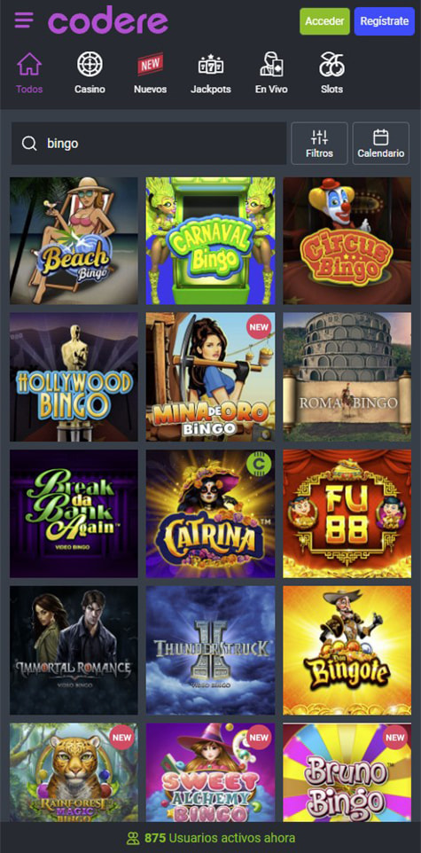 Sección de bingo online en el casino Codere.