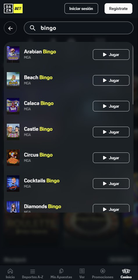 Sección de bingo online en el casino DAZN Bet.