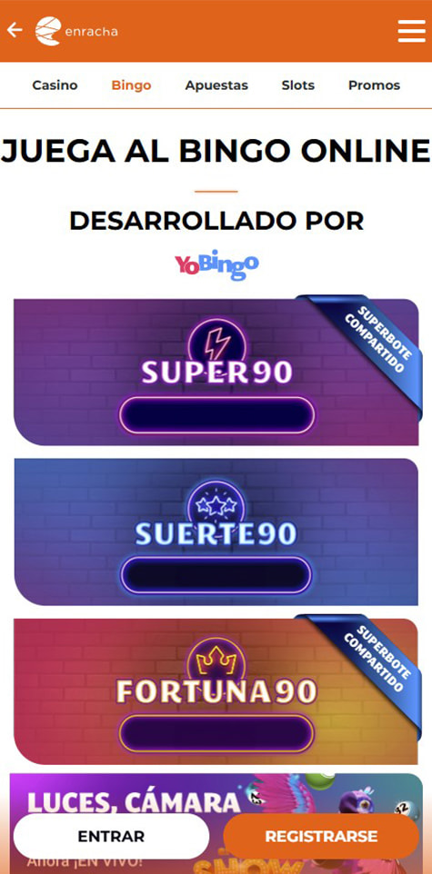 Sección de bingo online en el casino Enracha.
