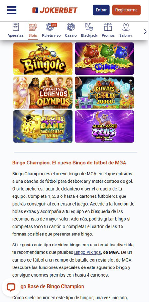 Sección de bingo online en el JOKERBET.