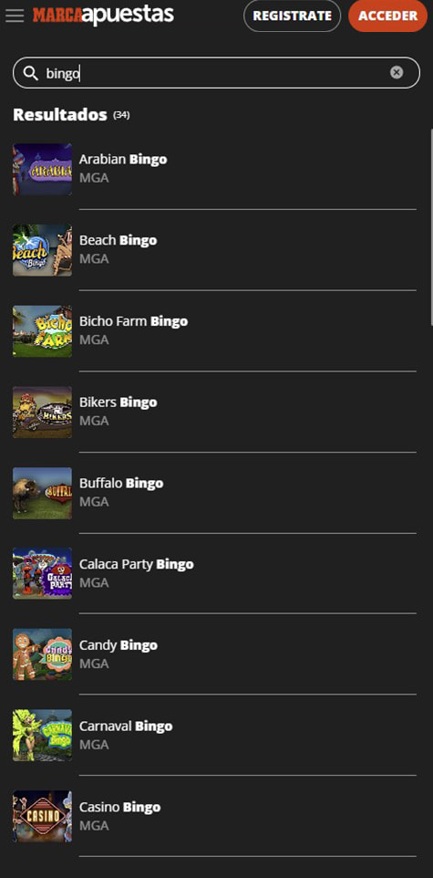 Sección de bingo online en el casino MARCA.