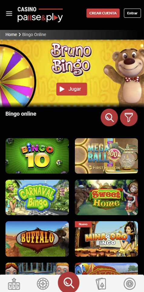 Sección de bingo online en el casino Pause&Play.