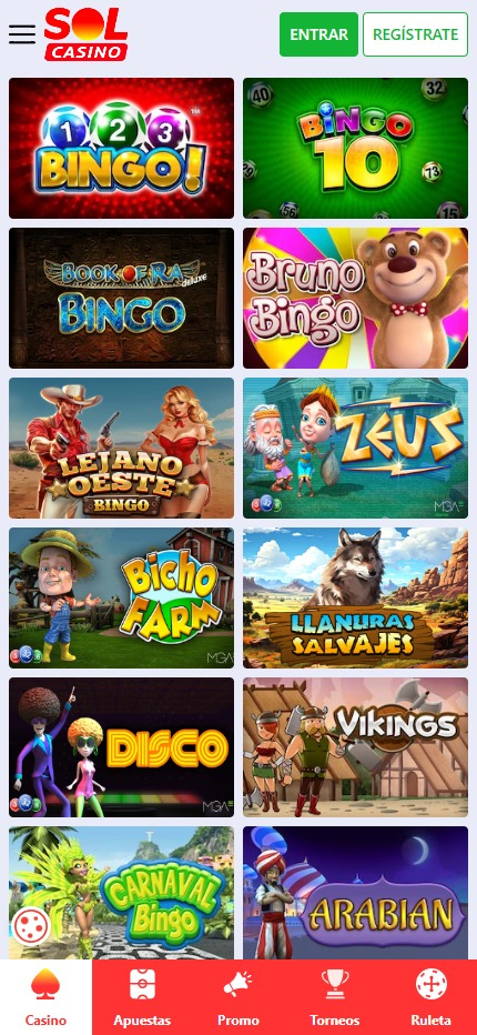 Sección de bingo online en el casino Solcasino.