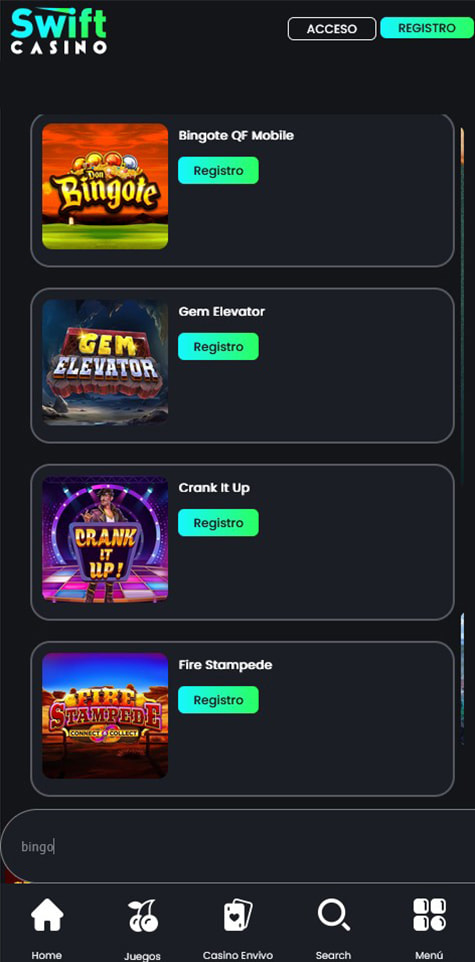Sección de bingo online en el casino Swift Casino.