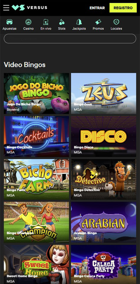 Sección de bingo online en el casino VERSUS.