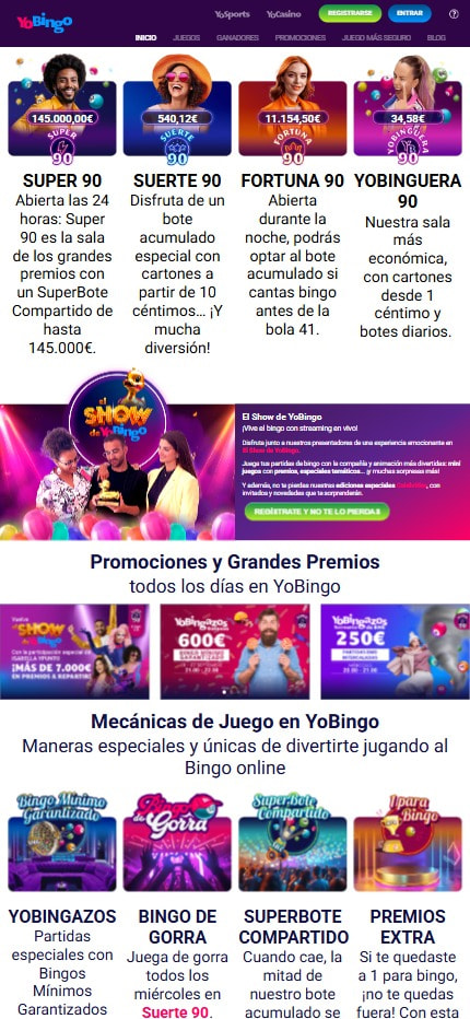 Sección de bingo online en el casino YoBingo.