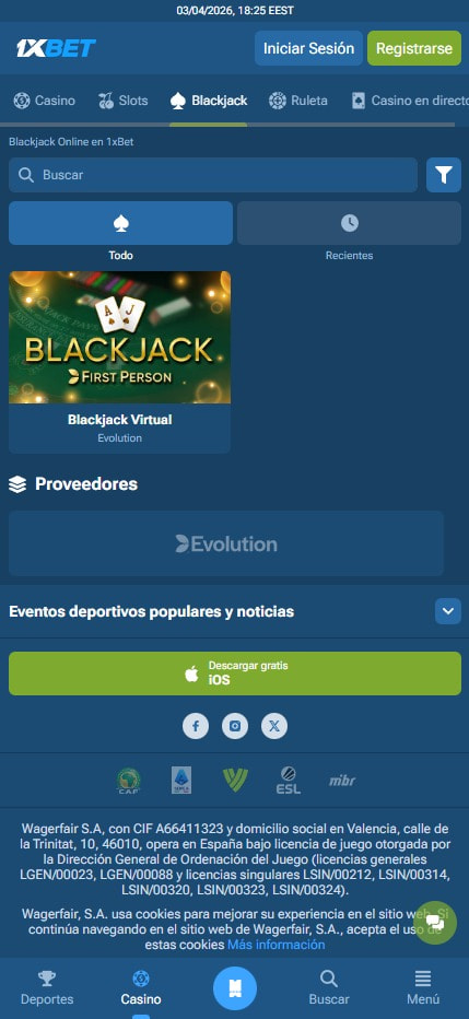 Sección de blackjack online en el casino 1xBet.