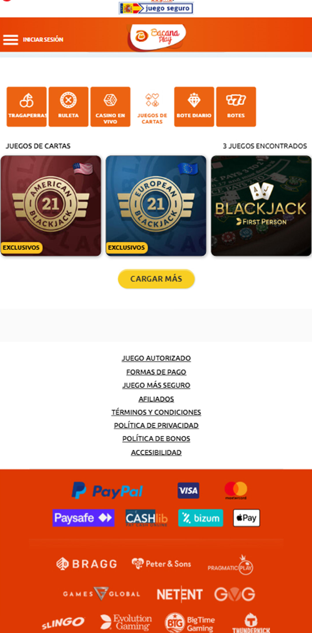 Sección de blackjack online en el casino BacanaPlay.