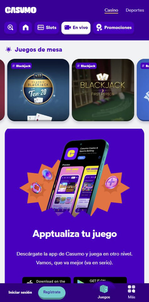 Sección de blackjack online en el casino Casumo.