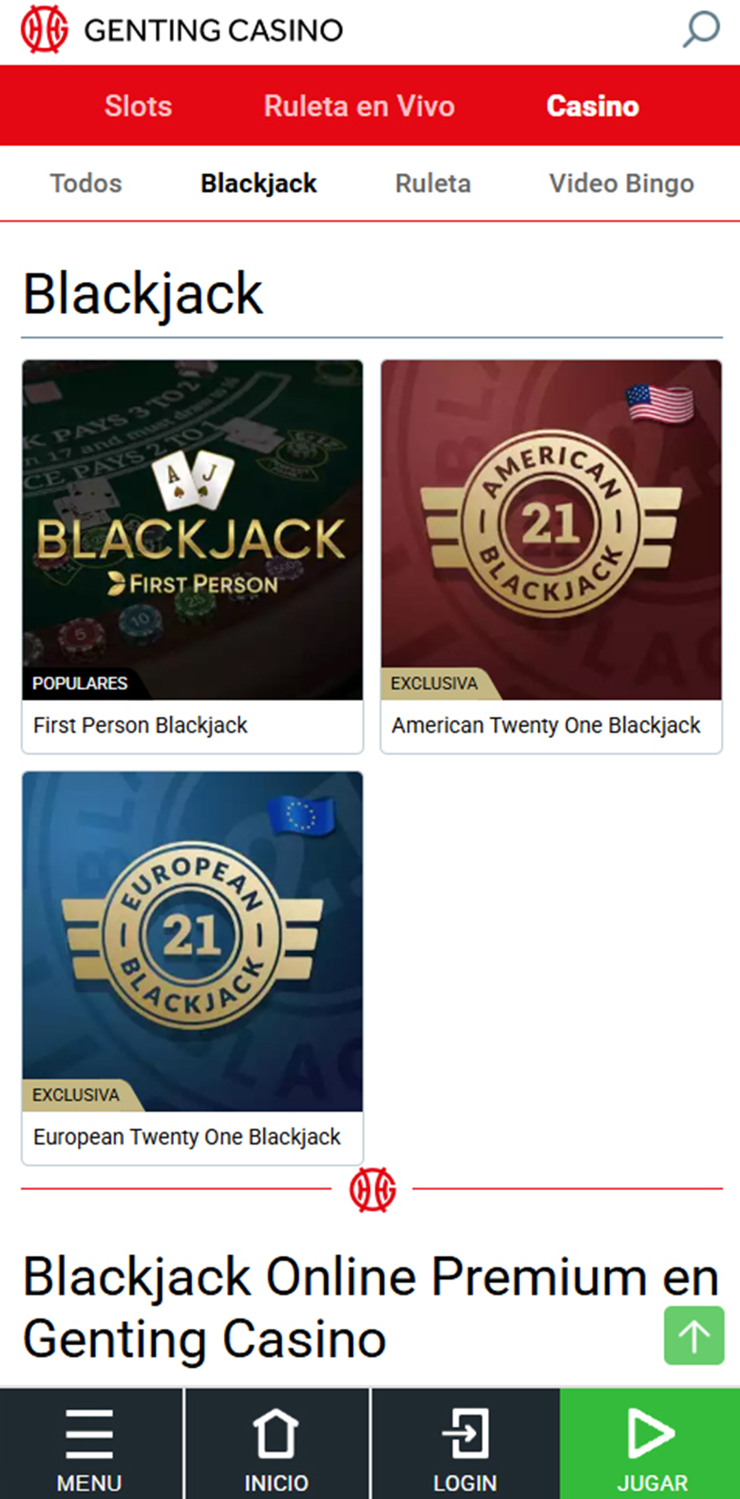 Sección de blackjack online en el casino Genting Casino.