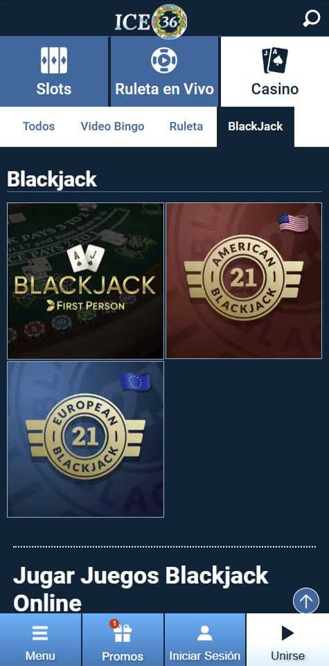 Sección de blackjack en el casino ICE36.