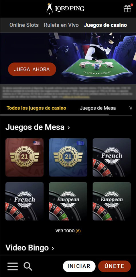 Sección de blackjack en el casino Lord Ping.