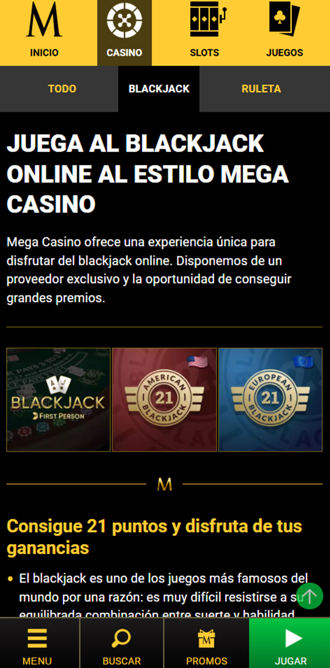 Sección de blackjack online en el casino Mega Casino.