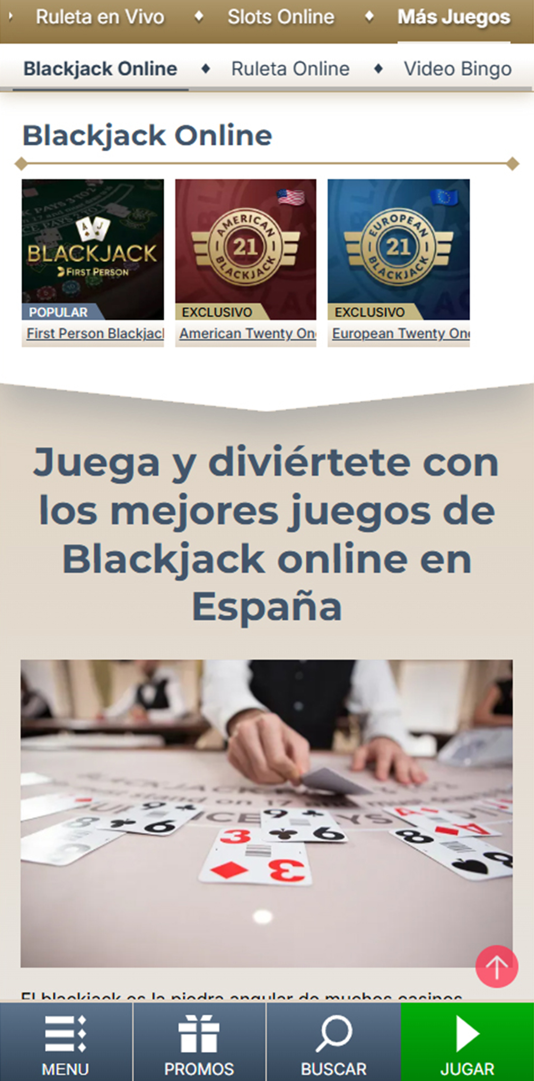 Sección de blackjack online en el casino Prime Casino.