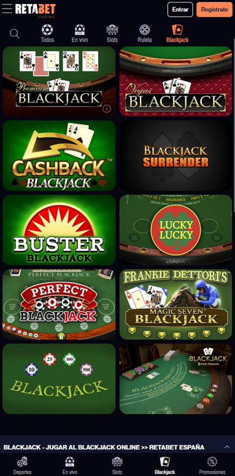 Sección de blackjack online en el casino Retabet.