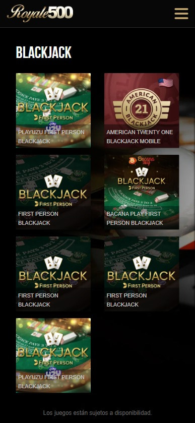 Sección de blackjack online en el casino Royale500.