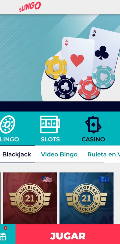 Sección de blackjack en el casino Slingo.
