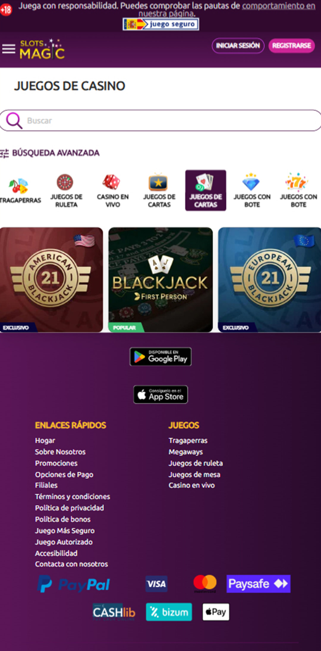 Sección de blackjack online en el casino SlotsMagic.