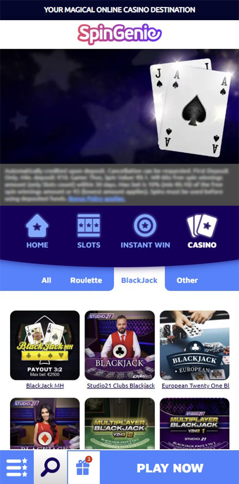 Sección de blackjack en el casino Spin Genie.