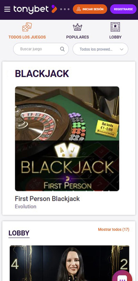 Sección de blackjack online en el casino TonyBet.