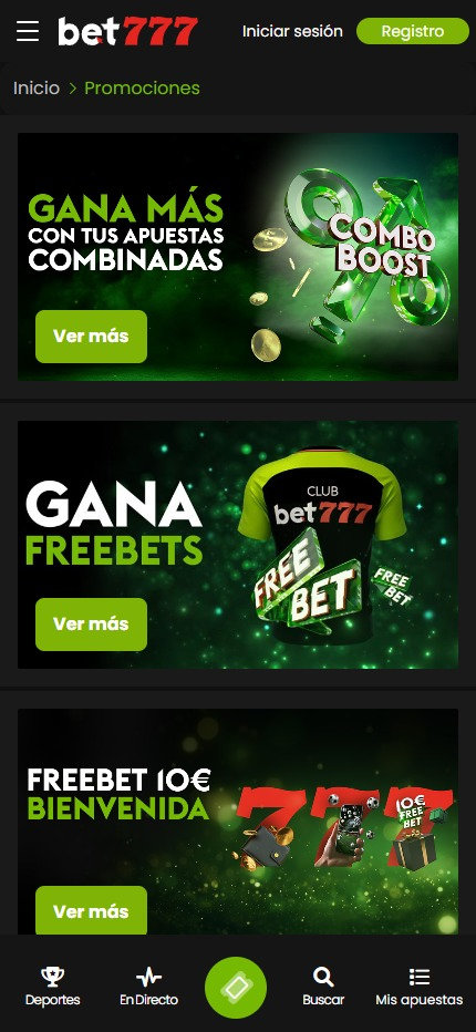 Sección de bonos y promociones en bet777..