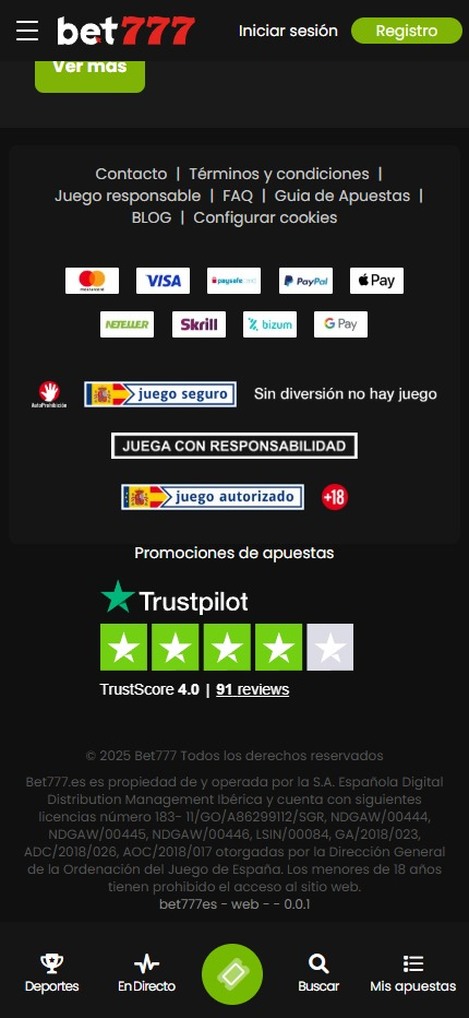 Sección de métodos de pago en bet777.