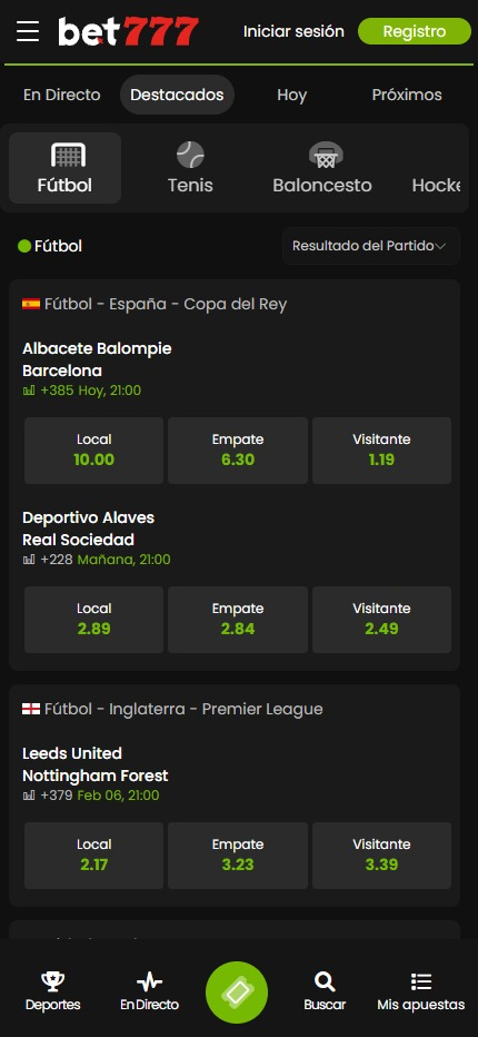 Sección de apuestas de fútbol en bet777.