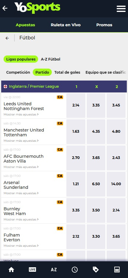 Sección de apuestas de fútbol en YoSports.