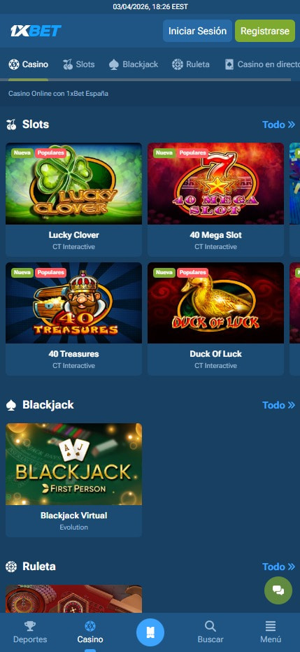 Página de inicio del casino 1xBet.