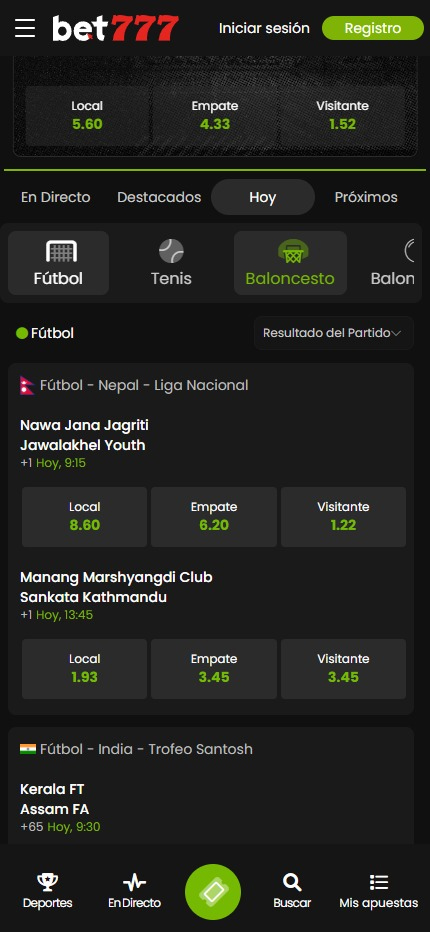 Página de inicio del operador Bet777.