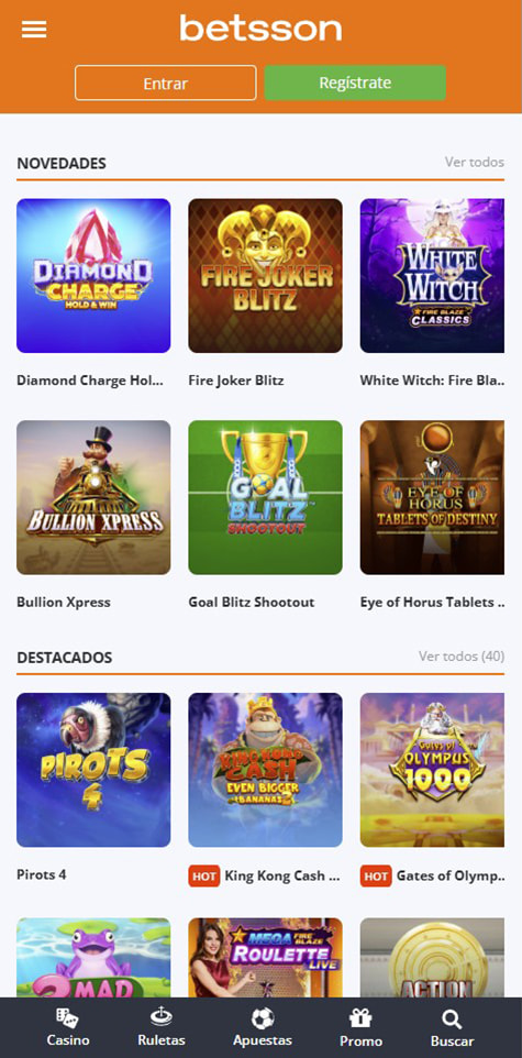 Página de inicio del casino Betsson.
